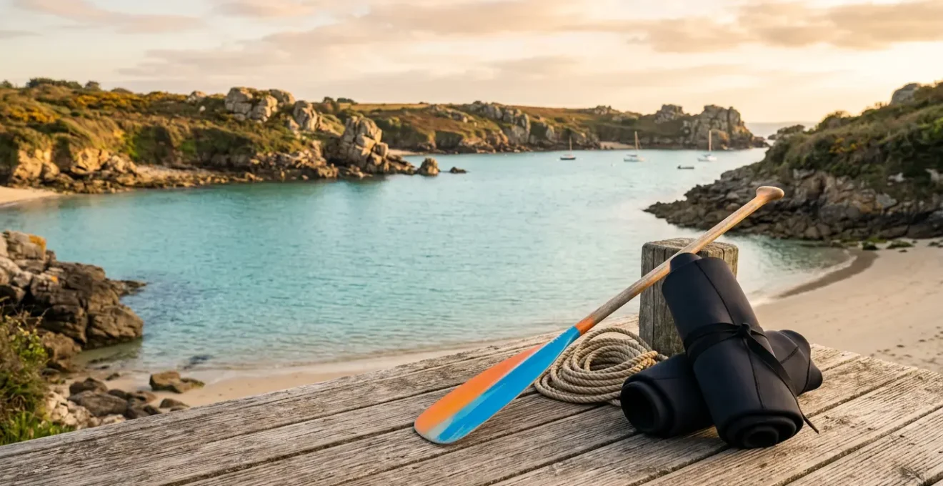 Vue panoramique de la côte bretonne avec matériel de sports nautiques pour débutants