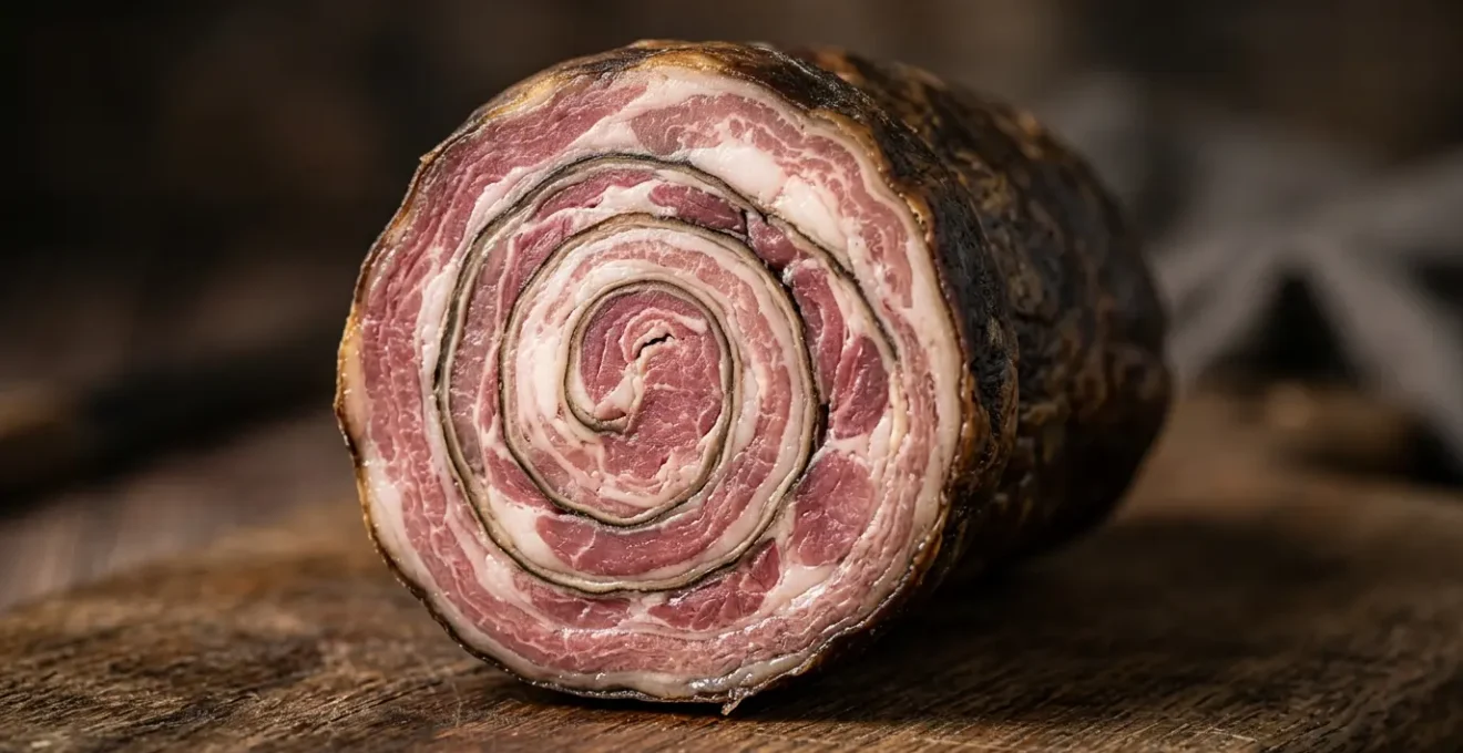 Andouille de Guémené artisanale présentant ses cercles concentriques caractéristiques après découpe