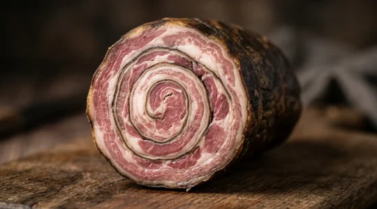 Andouille de Guémené artisanale présentant ses cercles concentriques caractéristiques après découpe