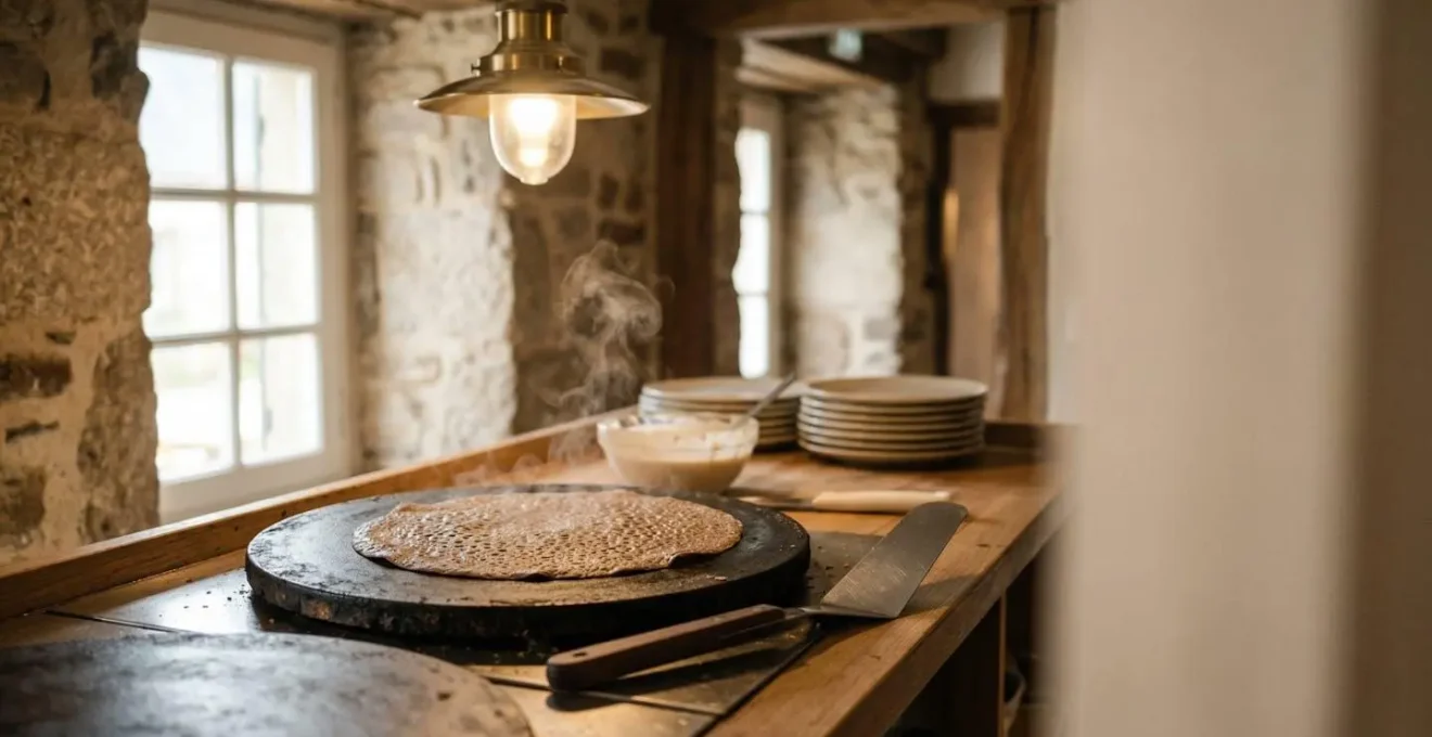Intérieur authentique d'une crêperie bretonne traditionnelle avec billig en fonte et galettes de sarrasin