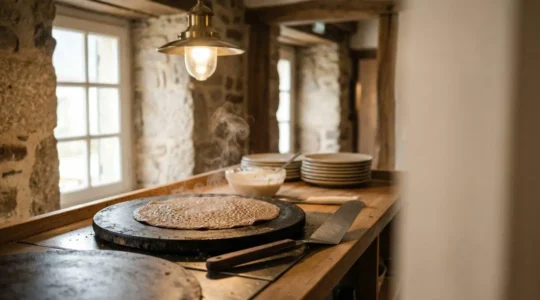 Intérieur authentique d'une crêperie bretonne traditionnelle avec billig en fonte et galettes de sarrasin
