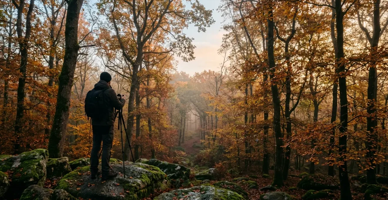 Photographe en Bretagne capturant les couleurs automnales dans une forêt brumeuse au lever du soleil