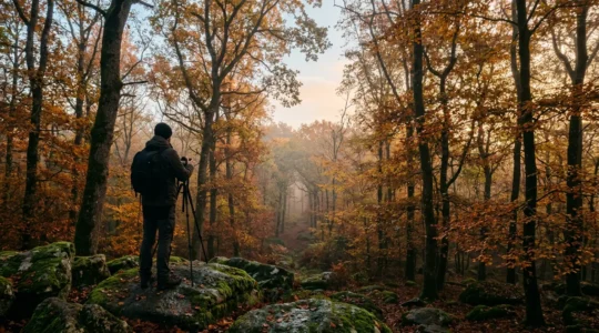 Photographe en Bretagne capturant les couleurs automnales dans une forêt brumeuse au lever du soleil