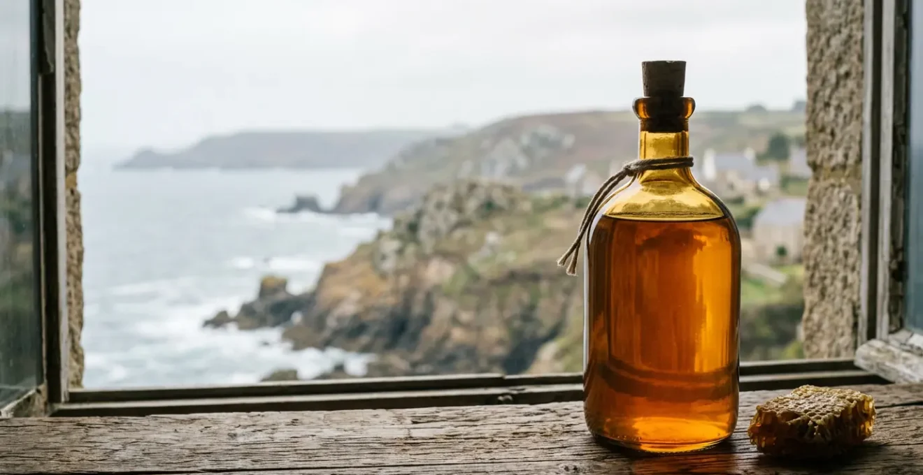 Bouteille de chouchen breton dans une lumière naturelle évoquant les traditions celtiques et l'artisanat