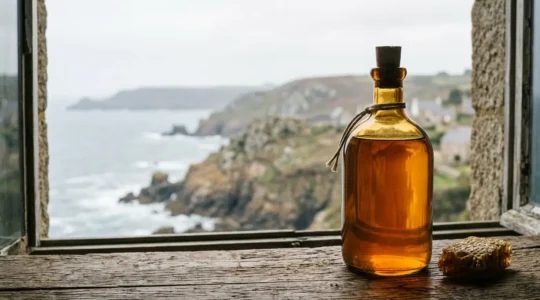 Bouteille de chouchen breton dans une lumière naturelle évoquant les traditions celtiques et l'artisanat