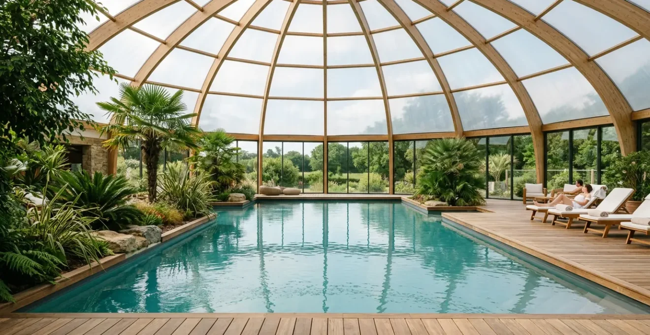 Complexe aquatique haut de gamme d'un camping 5 étoiles en Bretagne avec piscine couverte sous dôme translucide