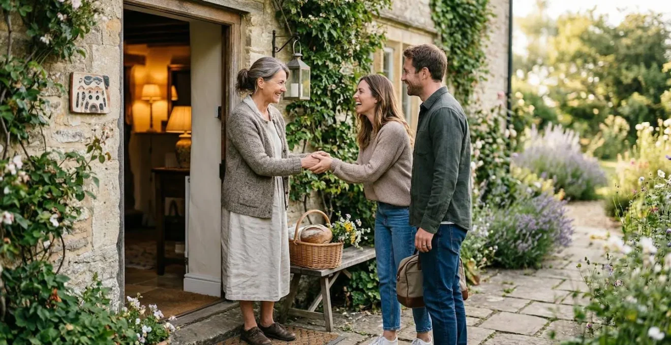 Scène chaleureuse d'une chambre d'hôtes de caractère illustrant l'accueil authentique et la découverte locale