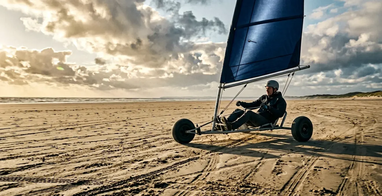 Pilote en char à voile filant à grande vitesse sur une plage de sable dur en Bretagne