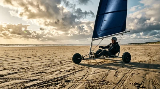 Pilote en char à voile filant à grande vitesse sur une plage de sable dur en Bretagne