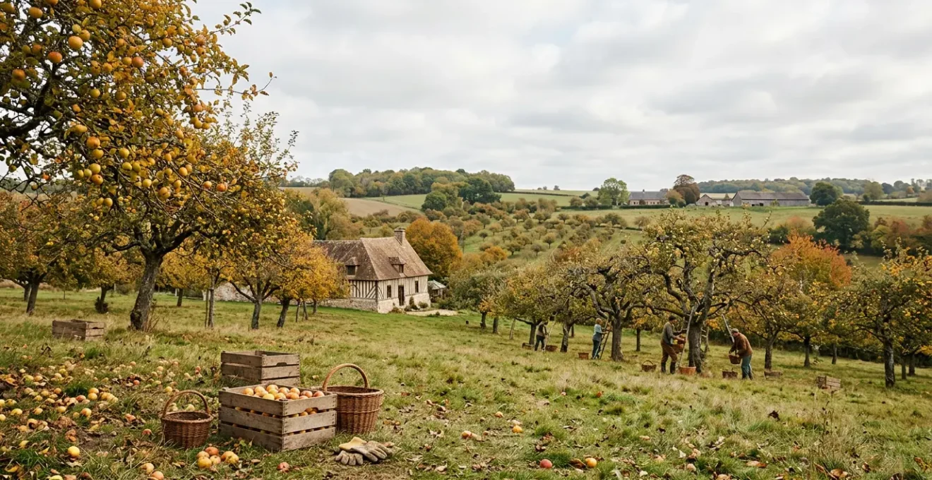 Vue panoramique d'un verger de pommiers traditionnels en automne avec cidrerie artisanale au second plan