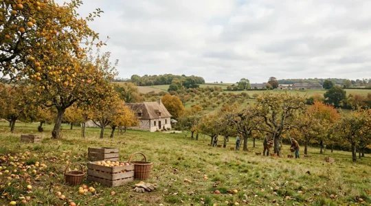 Vue panoramique d'un verger de pommiers traditionnels en automne avec cidrerie artisanale au second plan