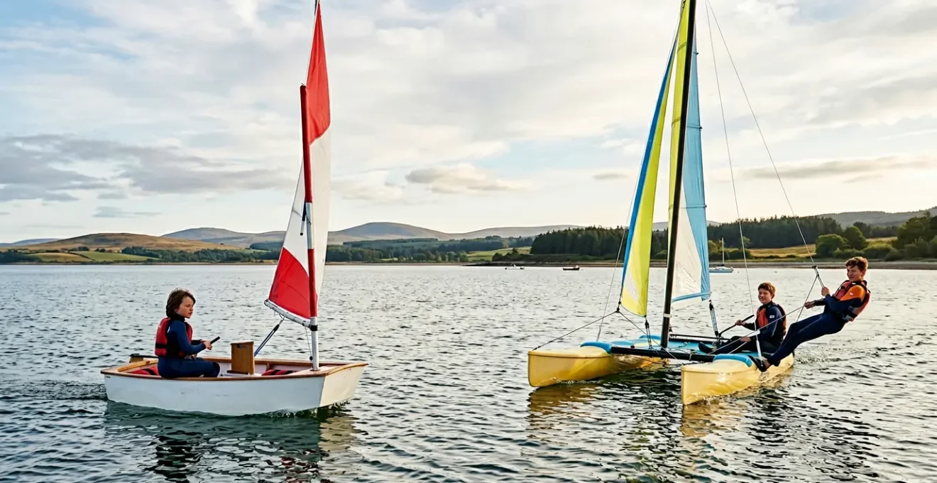 Enfants naviguant sur dériveur et catamaran lors d'un stage de voile initiation en bord de mer