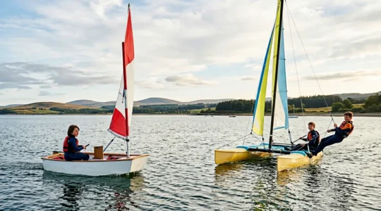 Enfants naviguant sur dériveur et catamaran lors d'un stage de voile initiation en bord de mer