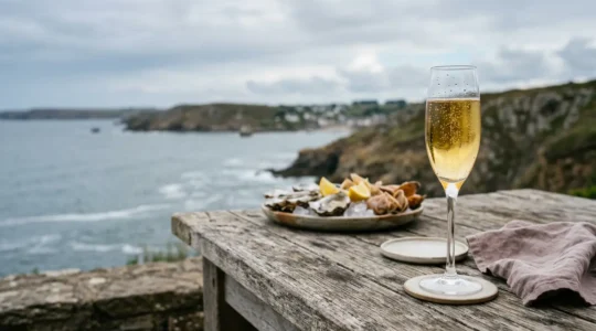 Dégustation de cidre artisanal accompagnant un plateau de fruits de mer