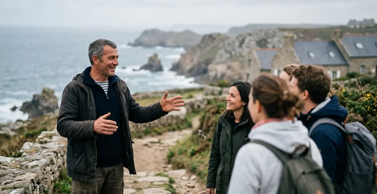 Guide local passionné partageant les secrets de la côte bretonne avec un petit groupe de voyageurs