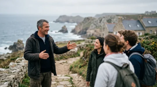 Guide local passionné partageant les secrets de la côte bretonne avec un petit groupe de voyageurs