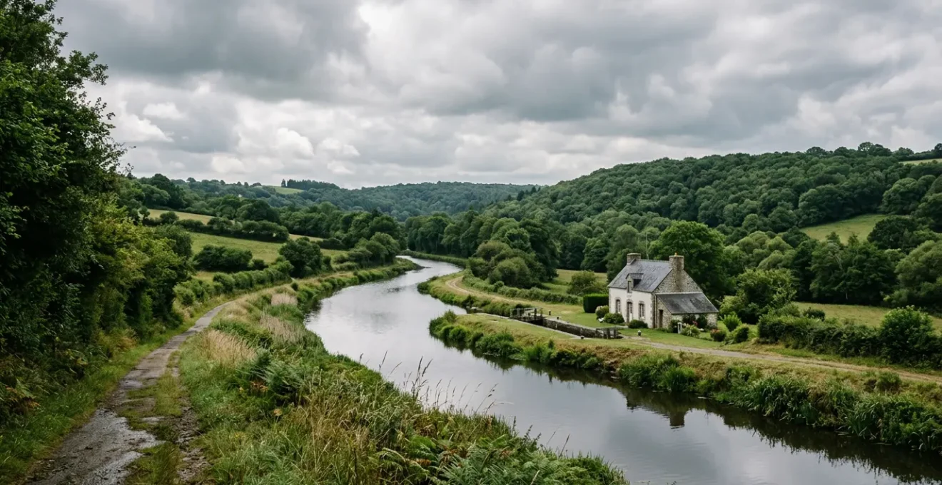 Paysage paisible du Centre Bretagne avec vallons verdoyants et canal sous un ciel nuageux