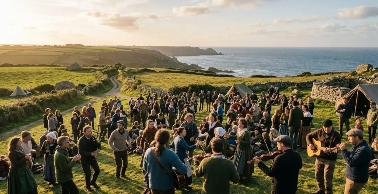 Scène de festival culturel breton avec foule festive et ambiance conviviale
