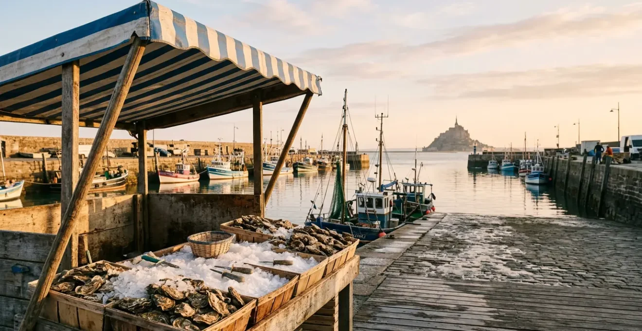 Plateau d'huîtres fraîches sur le port de Cancale avec vue sur la baie du Mont-Saint-Michel