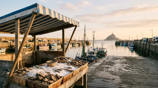 Plateau d'huîtres fraîches sur le port de Cancale avec vue sur la baie du Mont-Saint-Michel