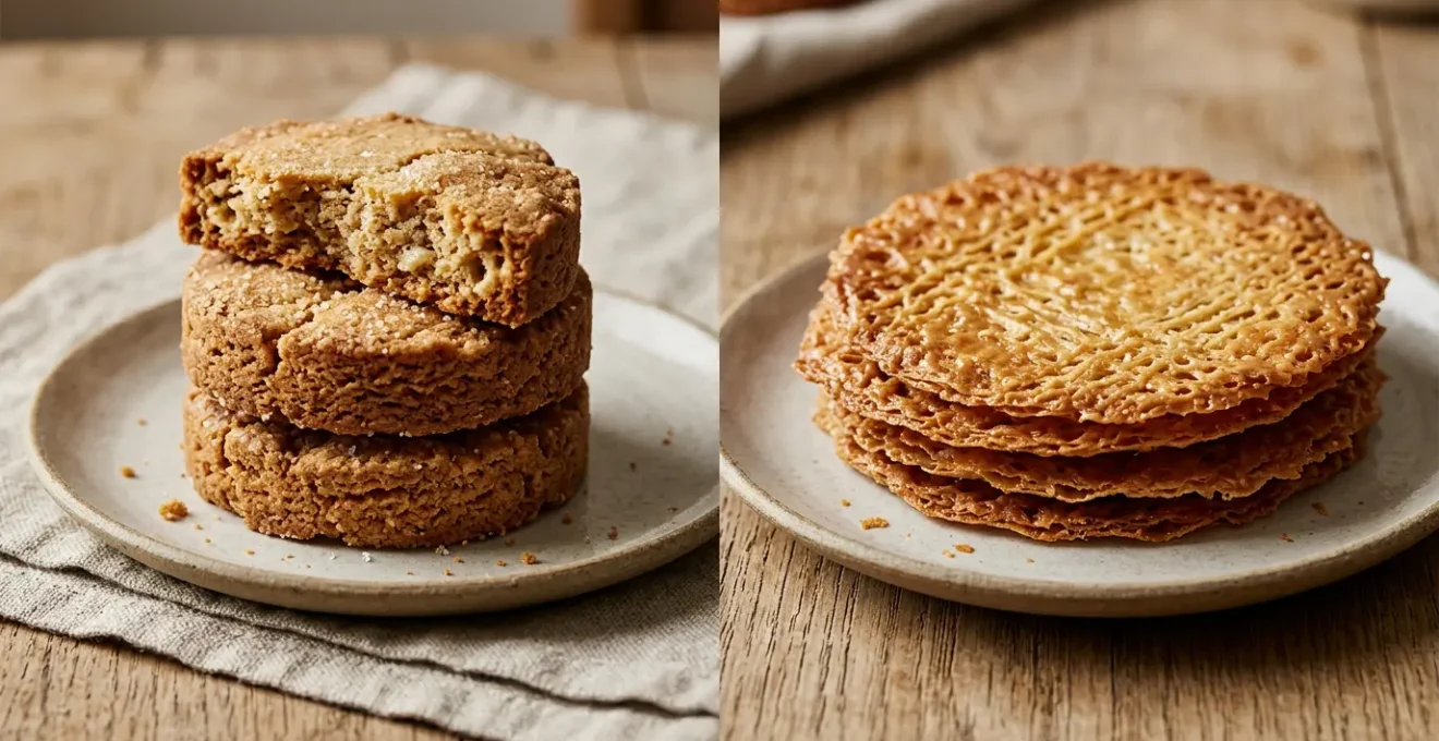 Comparaison visuelle de palets bretons épais et galettes fines bretonnes sur une surface en bois brut