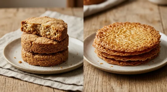 Comparaison visuelle de palets bretons épais et galettes fines bretonnes sur une surface en bois brut