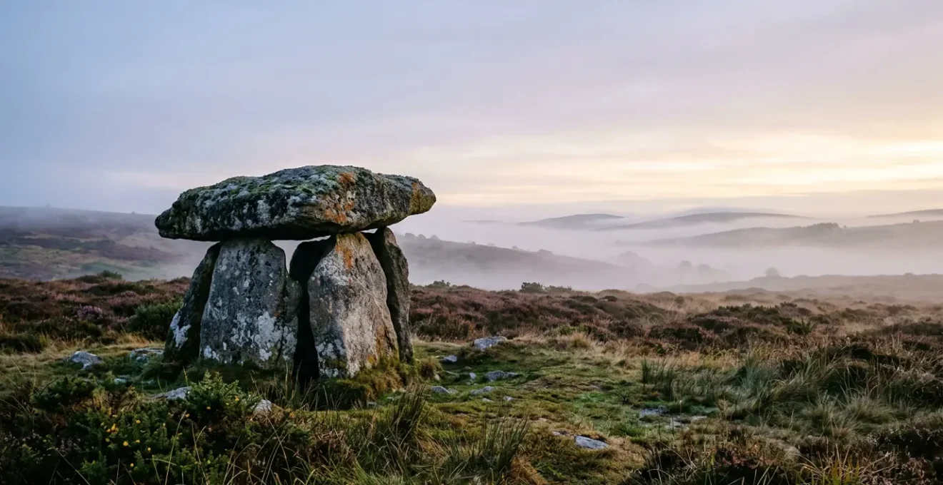 Dolmen ancien dans la brume bretonne au lever du soleil, évoquant les légendes celtiques