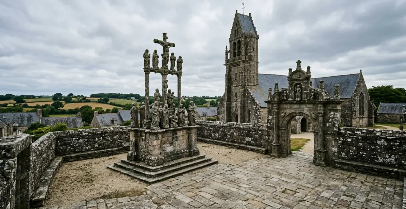 Vue majestueuse d'un enclos paroissial breton avec son calvaire sculpté, son église et sa porte triomphale sous un ciel de Finistère