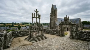 Vue majestueuse d'un enclos paroissial breton avec son calvaire sculpté, son église et sa porte triomphale sous un ciel de Finistère
