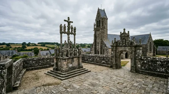 Vue majestueuse d'un enclos paroissial breton avec son calvaire sculpté, son église et sa porte triomphale sous un ciel de Finistère
