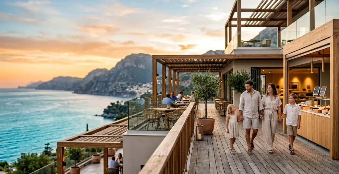 Famille se détendant dans un village vacances avec formule pension complète sans cuisiner