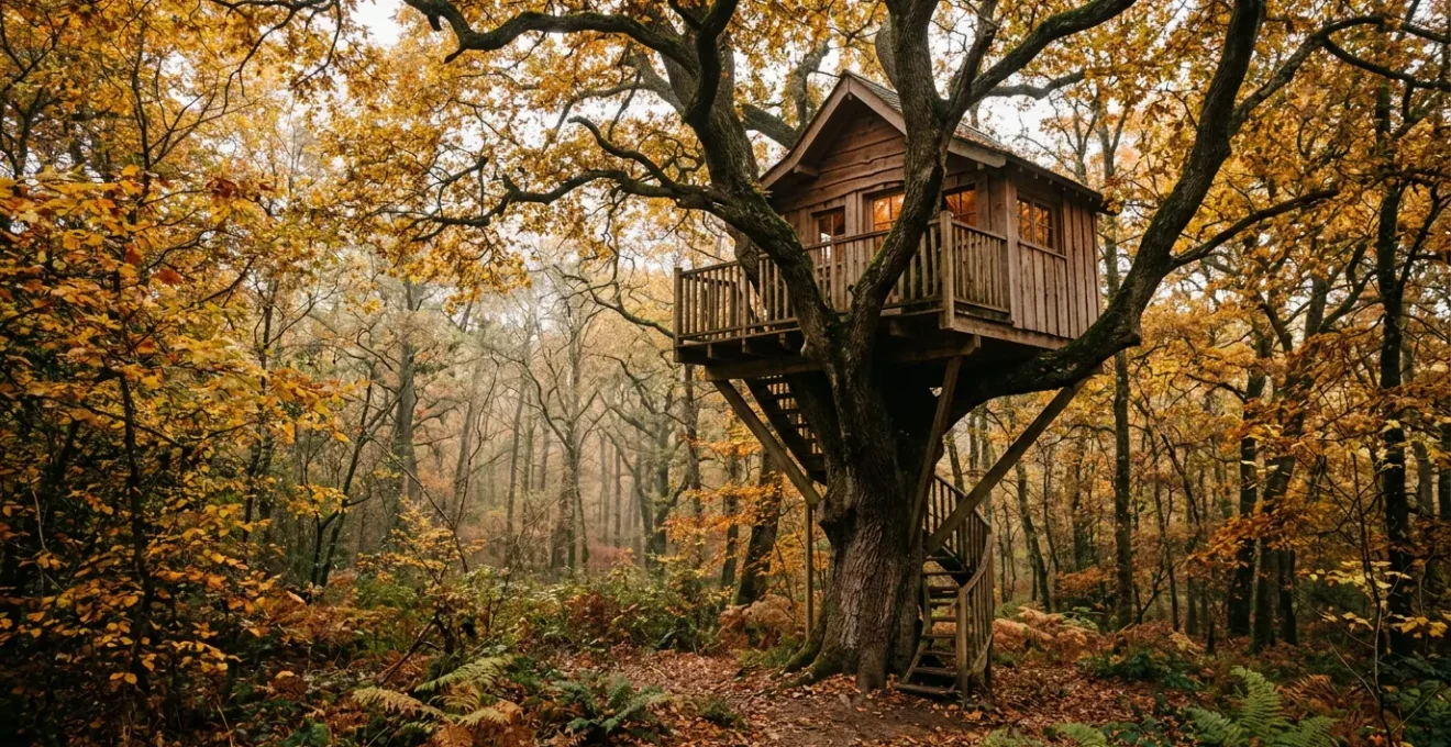 Cabane en bois perchée dans un arbre majestueux en forêt bretonne pendant l'automne, entourée de feuillage doré