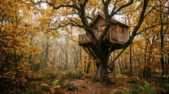 Cabane en bois perchée dans un arbre majestueux en forêt bretonne pendant l'automne, entourée de feuillage doré