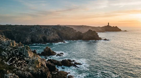 Vue aérienne de la côte sauvage du Finistère avec falaises et eaux turquoises au coucher du soleil
