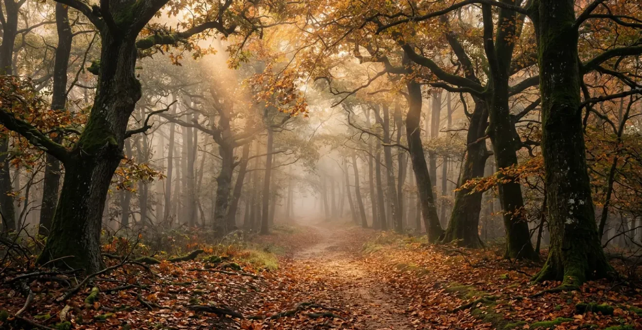 Sentier forestier brumeuxdans la forêt de Brocéliande à l'automne avec lumière dorée filtrant à travers les arbres