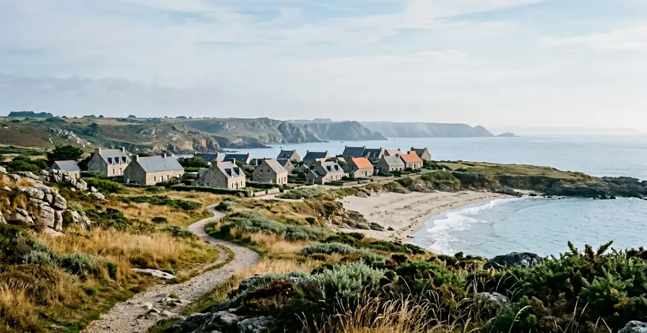 Vue aérienne d'une côte bretonne avec sentier côtier GR34 menant à un village typique
