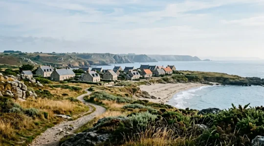 Vue aérienne d'une côte bretonne avec sentier côtier GR34 menant à un village typique
