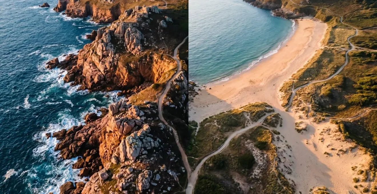 Vue aérienne minimaliste de la côte bretonne avec deux chemins distincts symbolisant le choix d'itinéraire