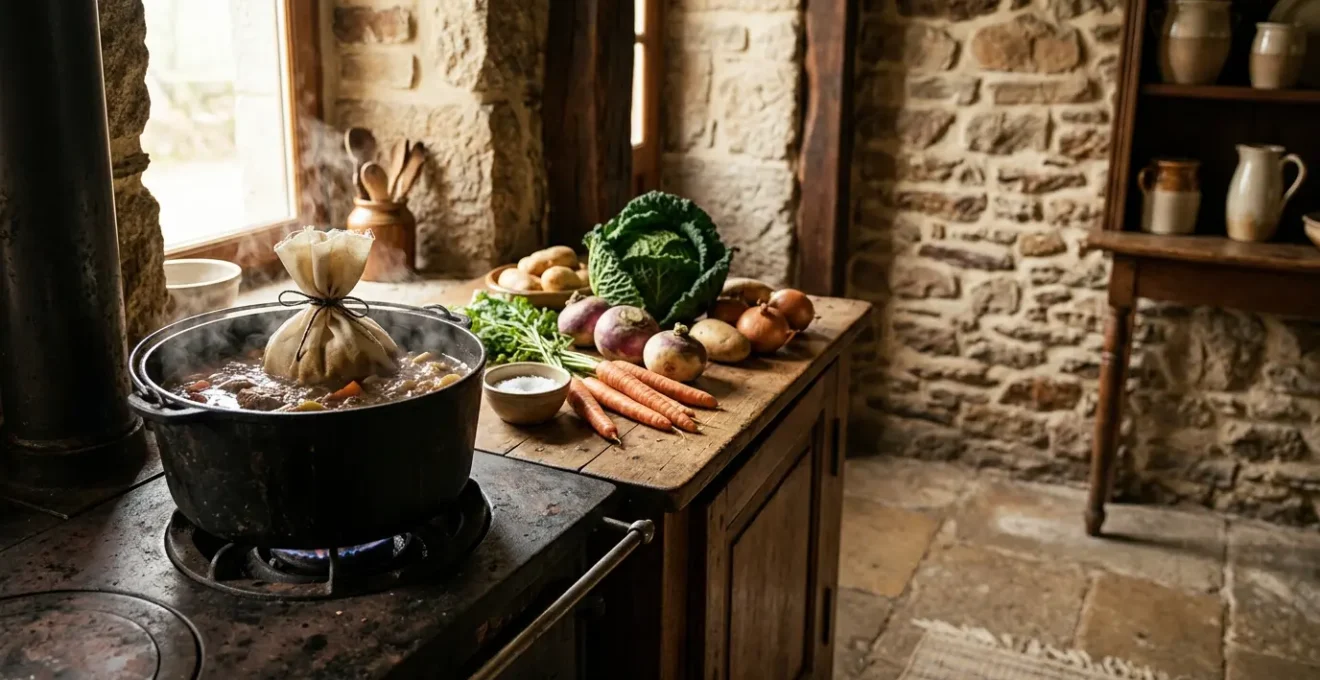 Scène authentique de préparation du Kig ha farz avec sac à farz en toile de lin suspendu dans une grande marmite fumante, ambiance chaleureuse de cuisine bretonne traditionnelle