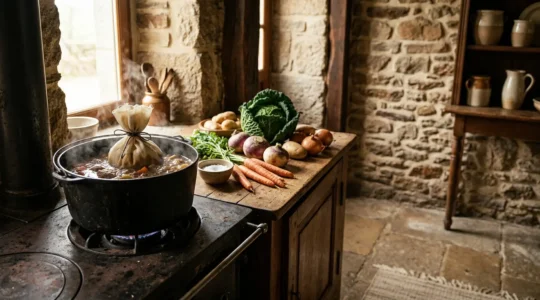Scène authentique de préparation du Kig ha farz avec sac à farz en toile de lin suspendu dans une grande marmite fumante, ambiance chaleureuse de cuisine bretonne traditionnelle