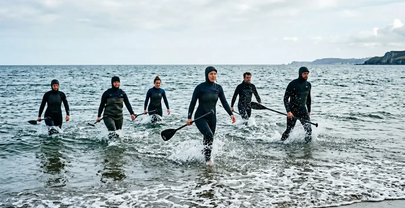 Pratiquants de longe-côte marchant dans l'eau jusqu'à la poitrine, équipés de combinaisons néoprène et pagaies, sur une plage française
