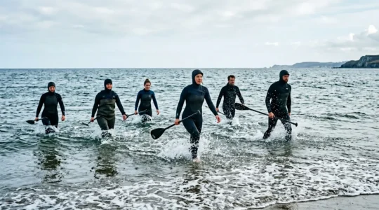 Pratiquants de longe-côte marchant dans l'eau jusqu'à la poitrine, équipés de combinaisons néoprène et pagaies, sur une plage française