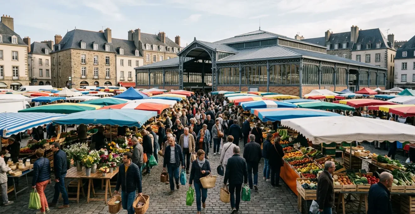 Vue panoramique du marché des Lices à Rennes un samedi matin avec la foule et les halles historiques