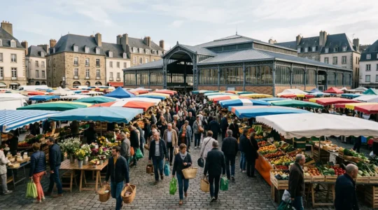 Vue panoramique du marché des Lices à Rennes un samedi matin avec la foule et les halles historiques