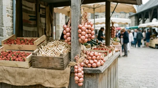 Étal de marché breton avec produits du terroir authentiques