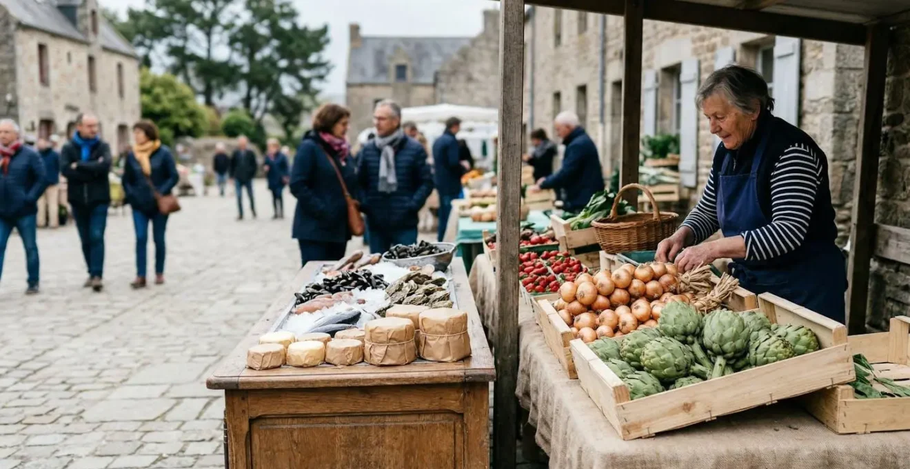 Étal de marché breton avec produits locaux et producteurs en conversation avec clients