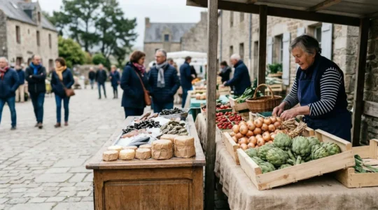 Étal de marché breton avec produits locaux et producteurs en conversation avec clients