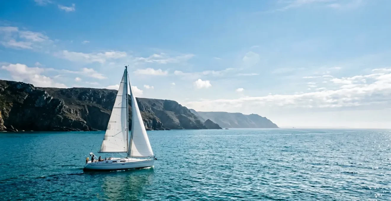 Voilier naviguant dans les eaux turquoises au large de Belle-Île-en-Mer en Bretagne Sud