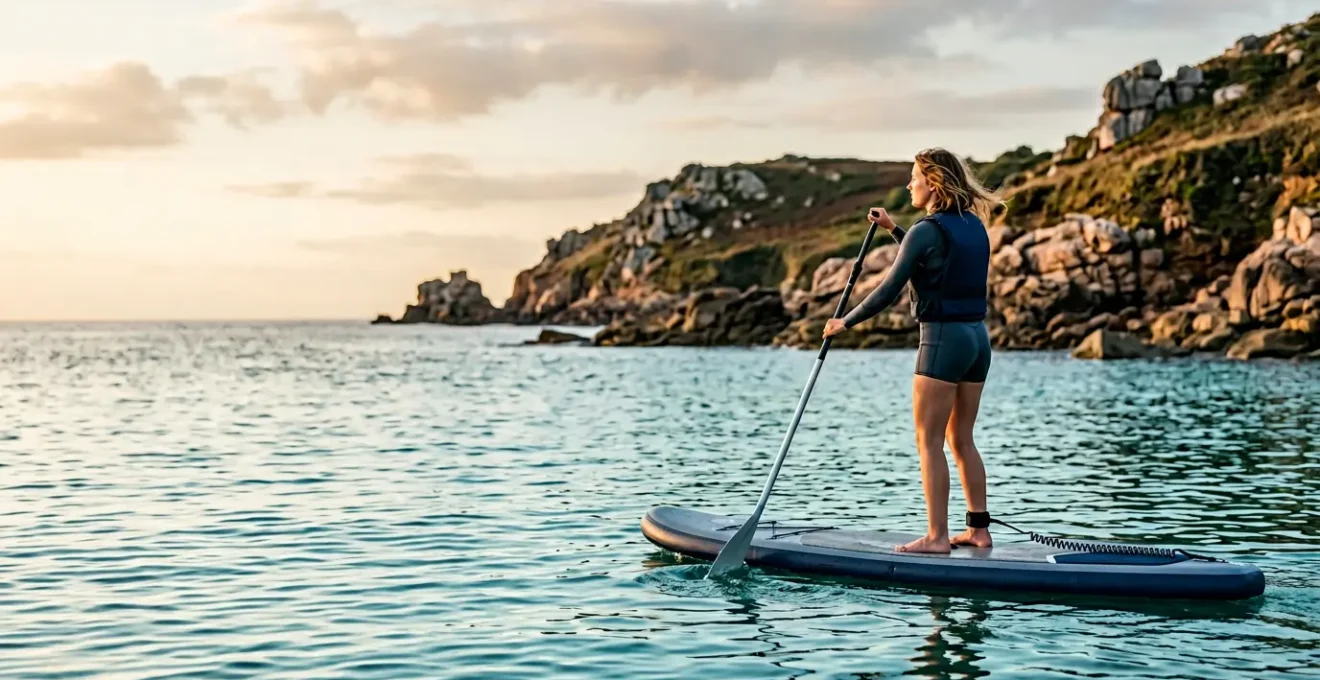 Pratiquant de paddle en Bretagne naviguant prudemment près de la côte par temps calme
