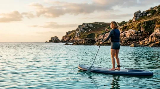 Pratiquant de paddle en Bretagne naviguant prudemment près de la côte par temps calme